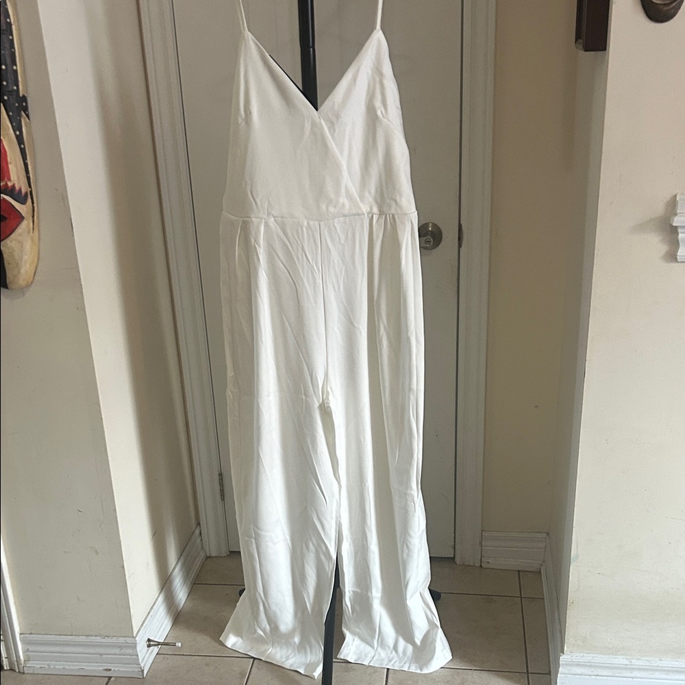 Amazon Elegant White V-Neck Jumpsuit with waterfall sheer quarter blouse over